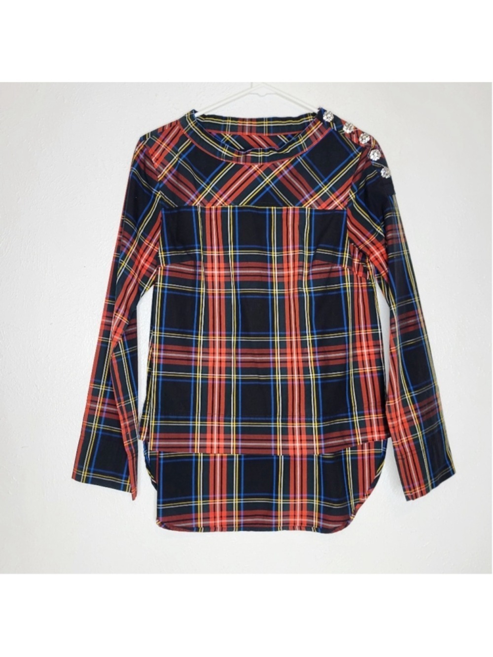 J. Crew Funnelneck Shirt in Stewart Tartan with Jeweled Buttons Women's Size 00 - Picture 2 of 12